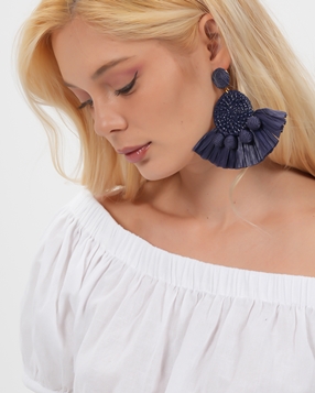 Rustic Illusion dangle earrings blue raffia fan shape-