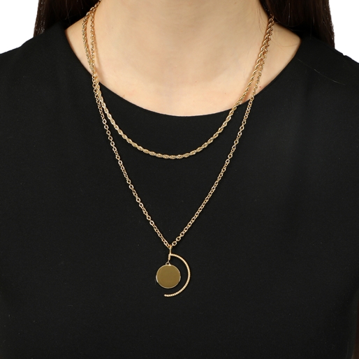 The Simple Reflection short gold plated double chain necklace with discus motif-