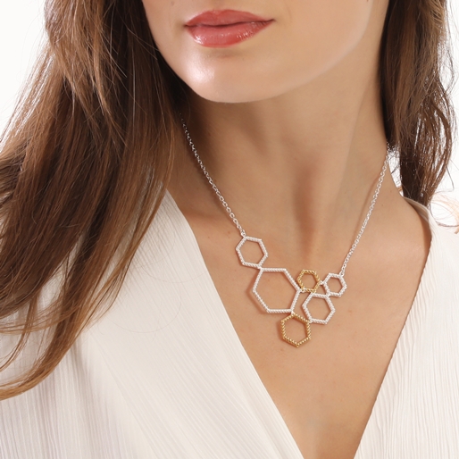 Vivid Symmetries short silver necklace with hexagons pattern-
