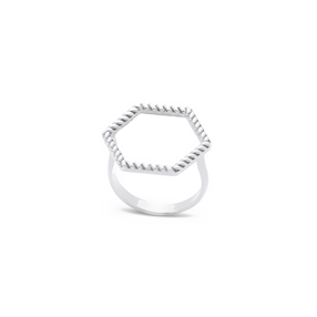Vivid Symmetries thin silver ring with hexagon-