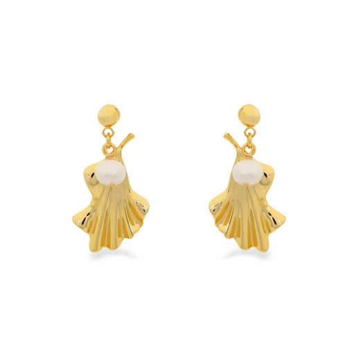 Ruffle glam gold plated dangle earrings wavy petal motif and pearl-
