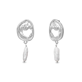 Fluid Contour silvery dangle earrings irregular motif and pearl-