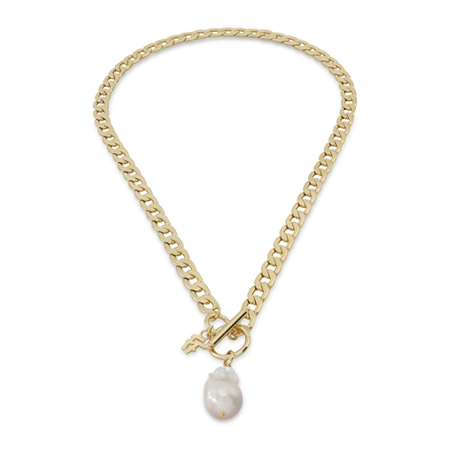The Chain Addiction short gold plated necklace with pearl motif and toggle clasp -