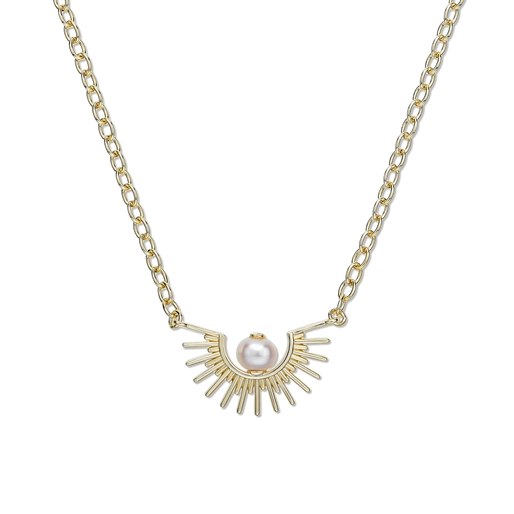 Shine on me gold plated short chain necklace sunray motif and pearl-
