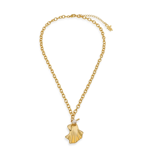Ruffle glam gold plated short chain necklace wavy petal motif and pearl-