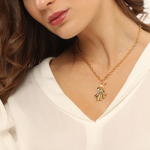 Ruffle glam gold plated short chain necklace wavy petal motif and pearl-