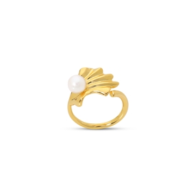 Ruffle glam gold plated ring wavy petal motif and pearl-