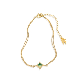 Astro glow gold plated double chain bracelet with star and green stones-