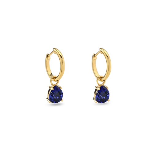 Good Vibes small gold plated hoops with hanging blue crystals-