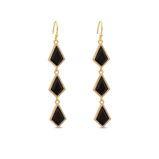 Good Vibes gold plated long earrings with black stones-