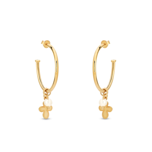 Fashionable.Me medium gold plated hoops with cross and pearl charms-