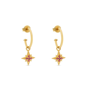 Astro glow small gold plated hoops with star and magenta stones-