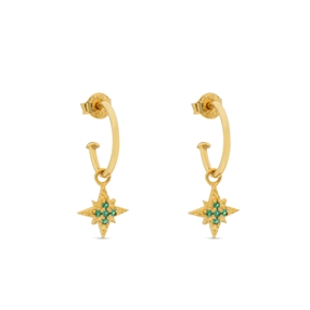 Astro glow small gold plated hoops with star and green stones-