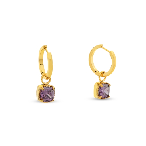 Good Vibes small gold plated hoops with hanging purple stones-