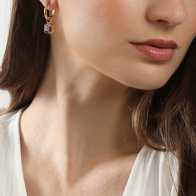 Good Vibes small gold plated hoops with hanging purple stones-