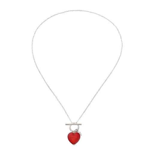Hearty Candy long silver necklace with matte red heart and bar clasp-