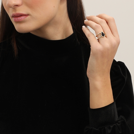 Good Vibes gold plated bulky ring black stone-