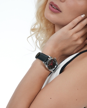 All Time γυναικείο ρολόι ατσάλι με μαύρο δερμάτινο λουράκι-