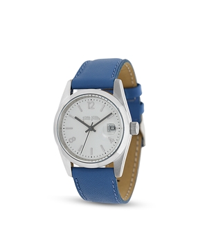 All time stainless steel ladies watch blue leather strap-