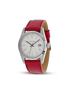 All time stainless steel ladies watch red leather strap-